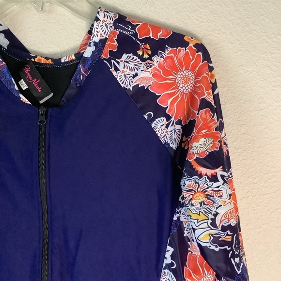 HANNA NIKOLE Plus Size One-Piece Rash Guard Swimsuit Long Sleeve Colorblock Blue - Picture 5 of 12